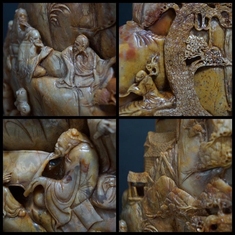 時代物 大型寿山石 高浮彫『祥瑞山水人物図』置物 手彫り擺件中国古賞物 古美術品