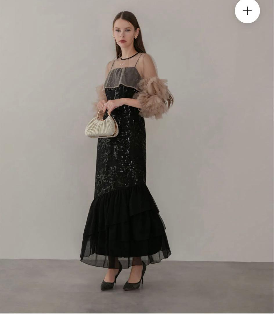 フラワースパンコールチュールフリルスリーブIラインワンピース