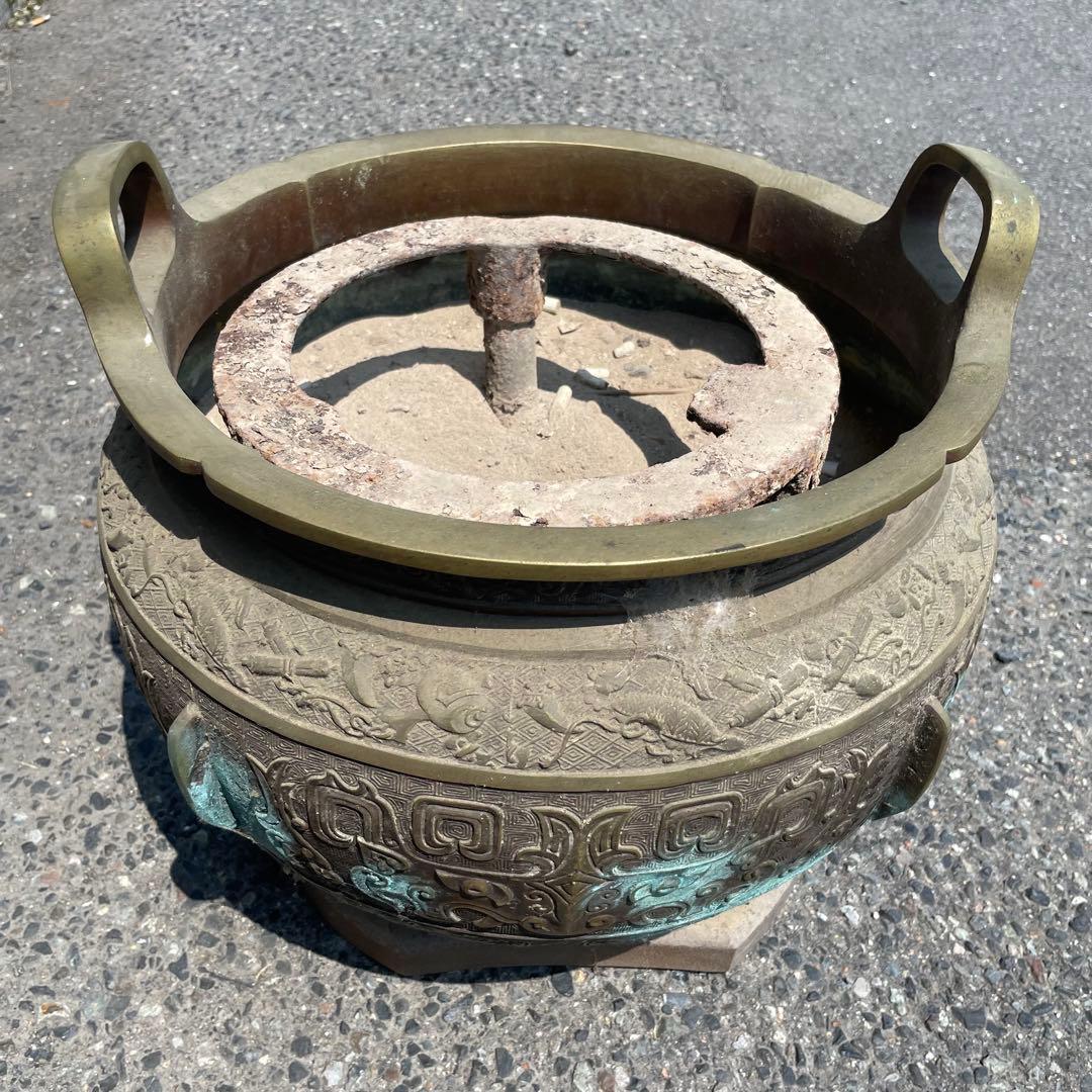 火鉢　銅製　彫刻　年代物　工芸品　骨董品　アンティーク　昭和レトロ