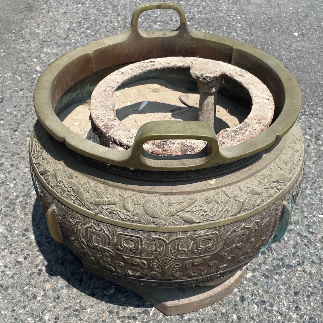 火鉢　銅製　彫刻　年代物　工芸品　骨董品　アンティーク　昭和レトロ