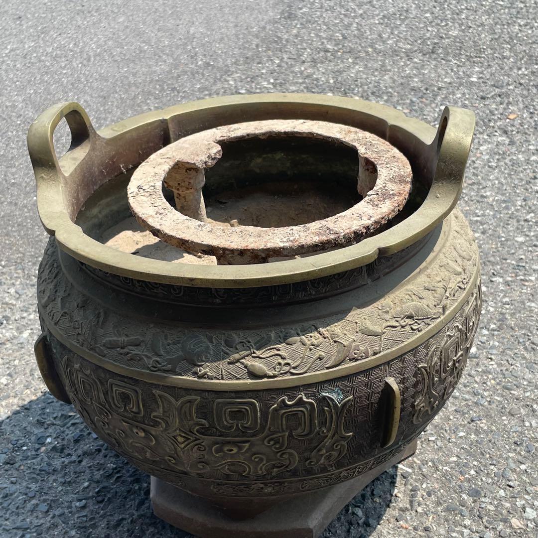 火鉢　銅製　彫刻　年代物　工芸品　骨董品　アンティーク　昭和レトロ