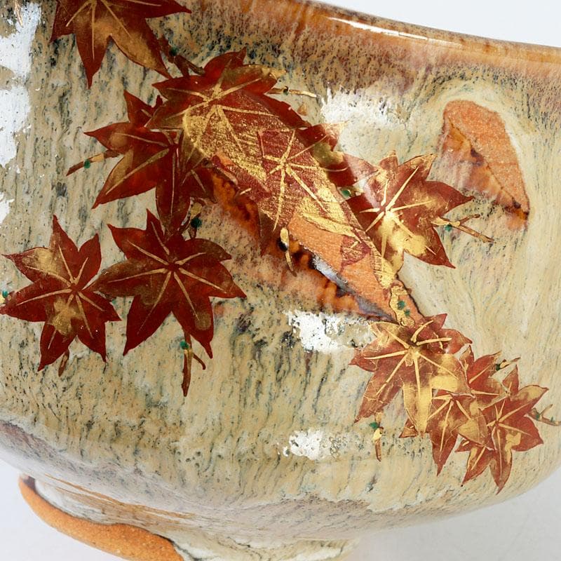 茶道具　京焼　秋峰窯　中村良二作　窯変紅葉絵　茶碗　共布共箱　V　9755
