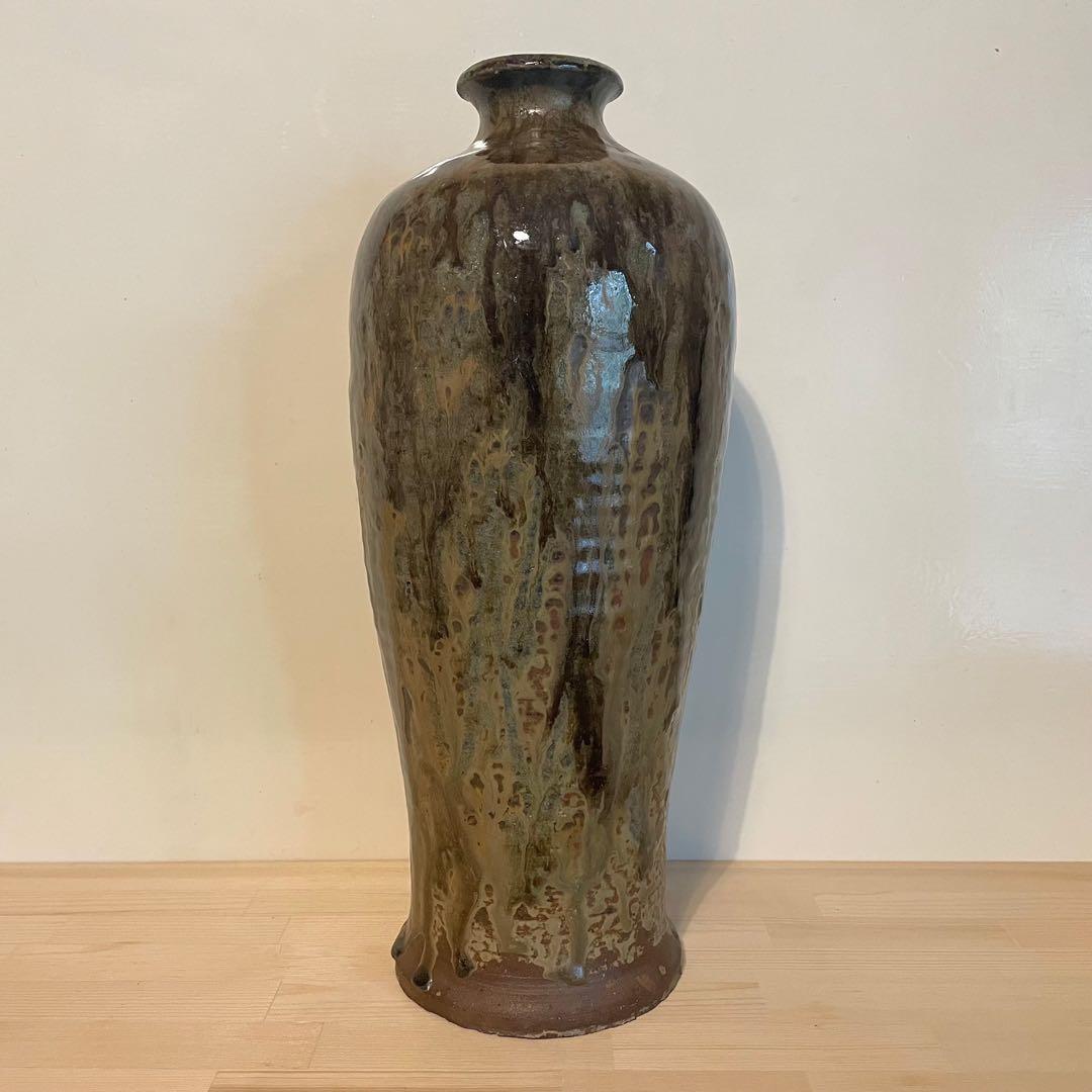 鉄釉 瓶子 梅瓶 在銘 37cm 検）古瀬戸 自然釉 丹波焼 灰釉 中国美術