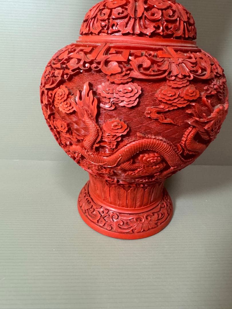 2722 中国美術 漆器 堆朱 剔紅 細密 唐草牡丹雲龍紋 花瓶