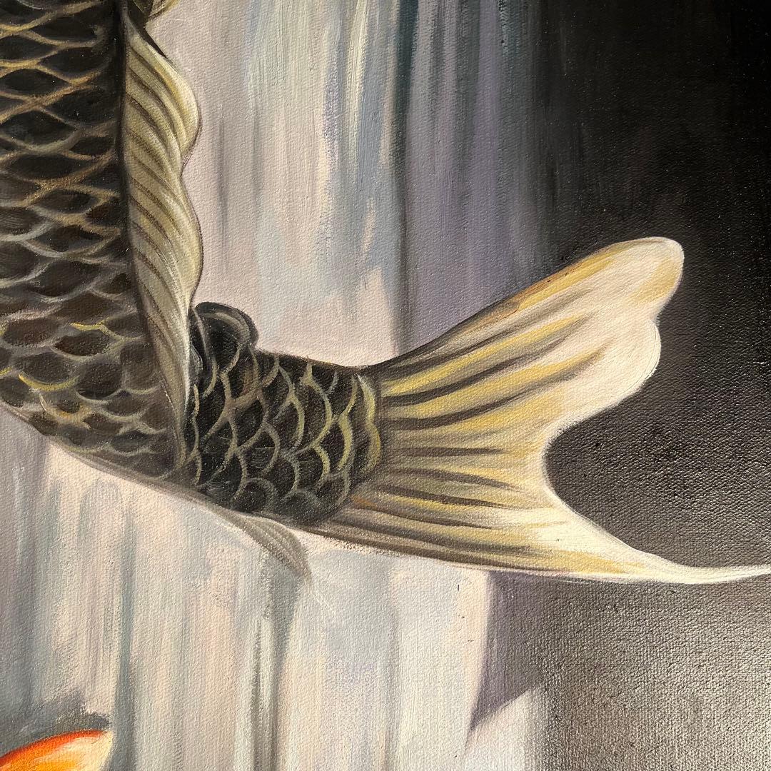 ★特大★ 手書き油絵 鯉の滝登り 肉筆絵画 額付き 油彩画 金運 開運