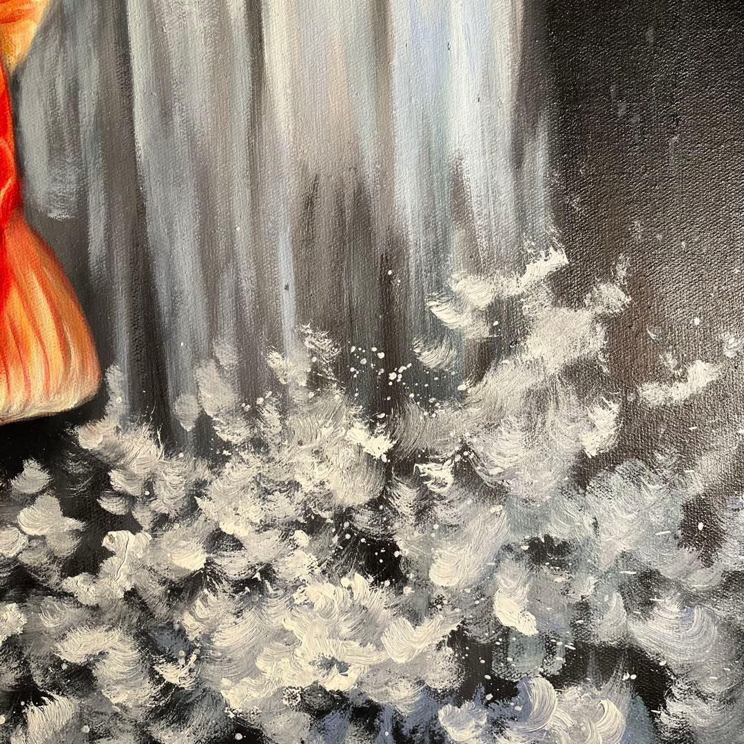 ★特大★ 手書き油絵 鯉の滝登り 肉筆絵画 額付き 油彩画 金運 開運