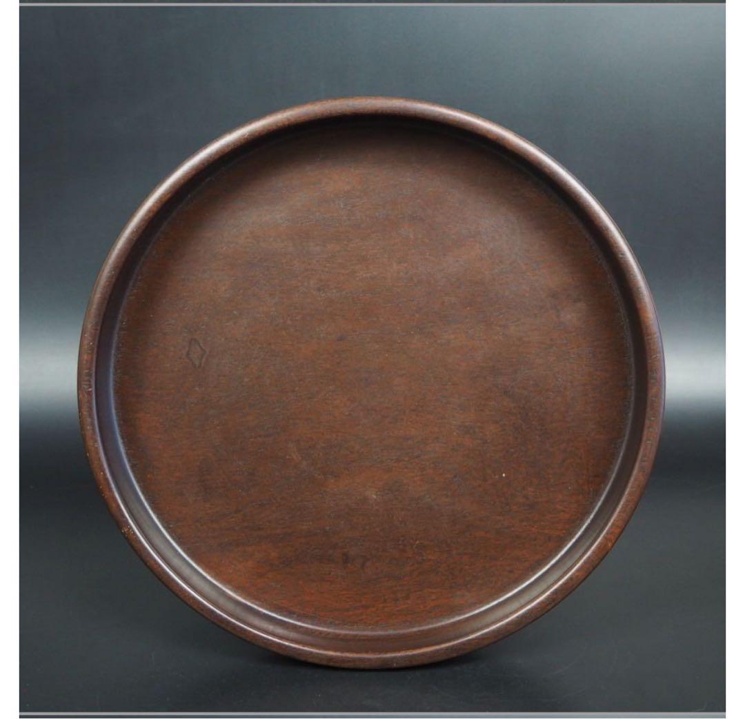 送料無料　時代物　重厚特大唐木刳貫丸盆・唐木刳貫煎茶盆　重939g