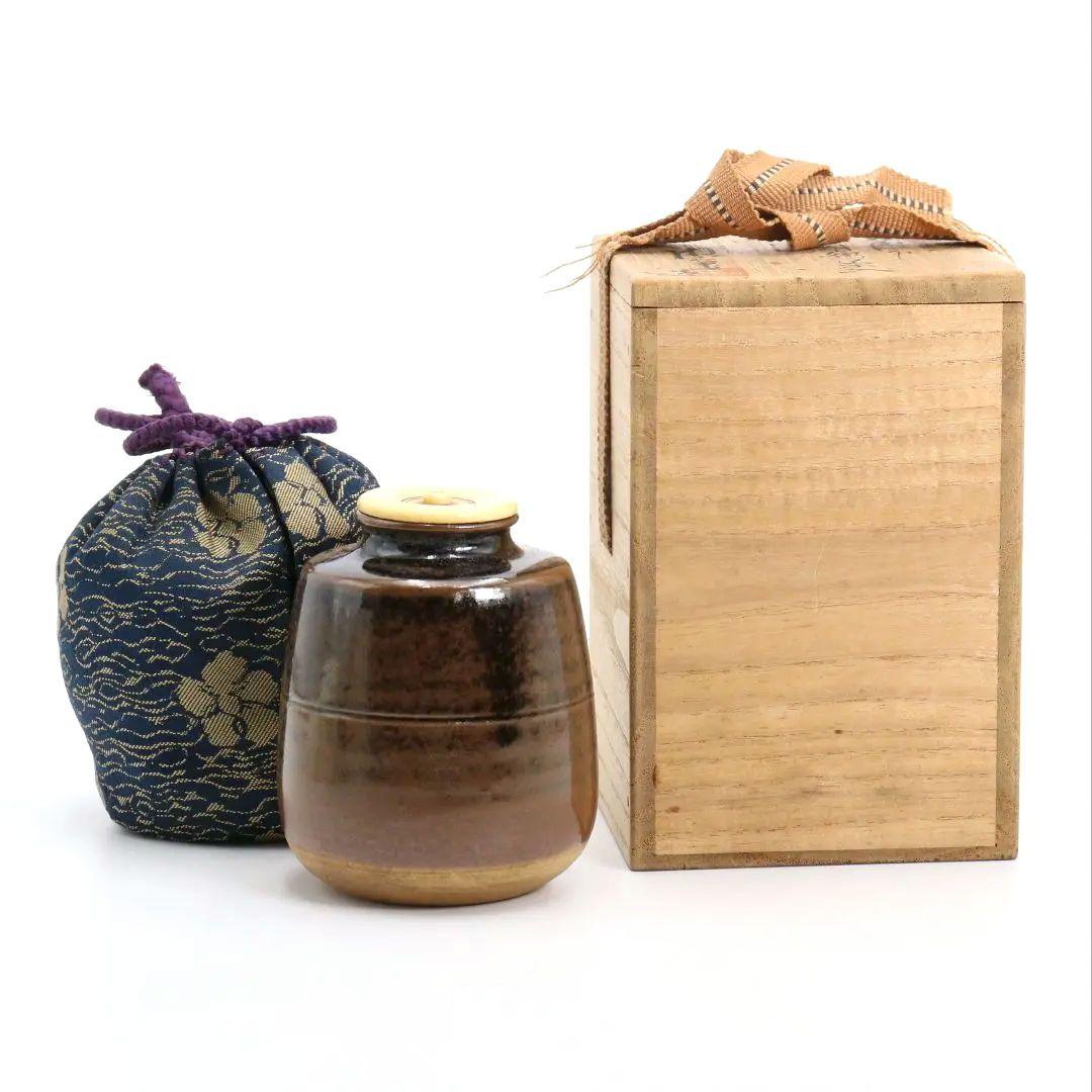 加藤唐三郎作 古瀬戸 肩衝茶入 波上梅緞子 茶道具 共箱　C806　N1