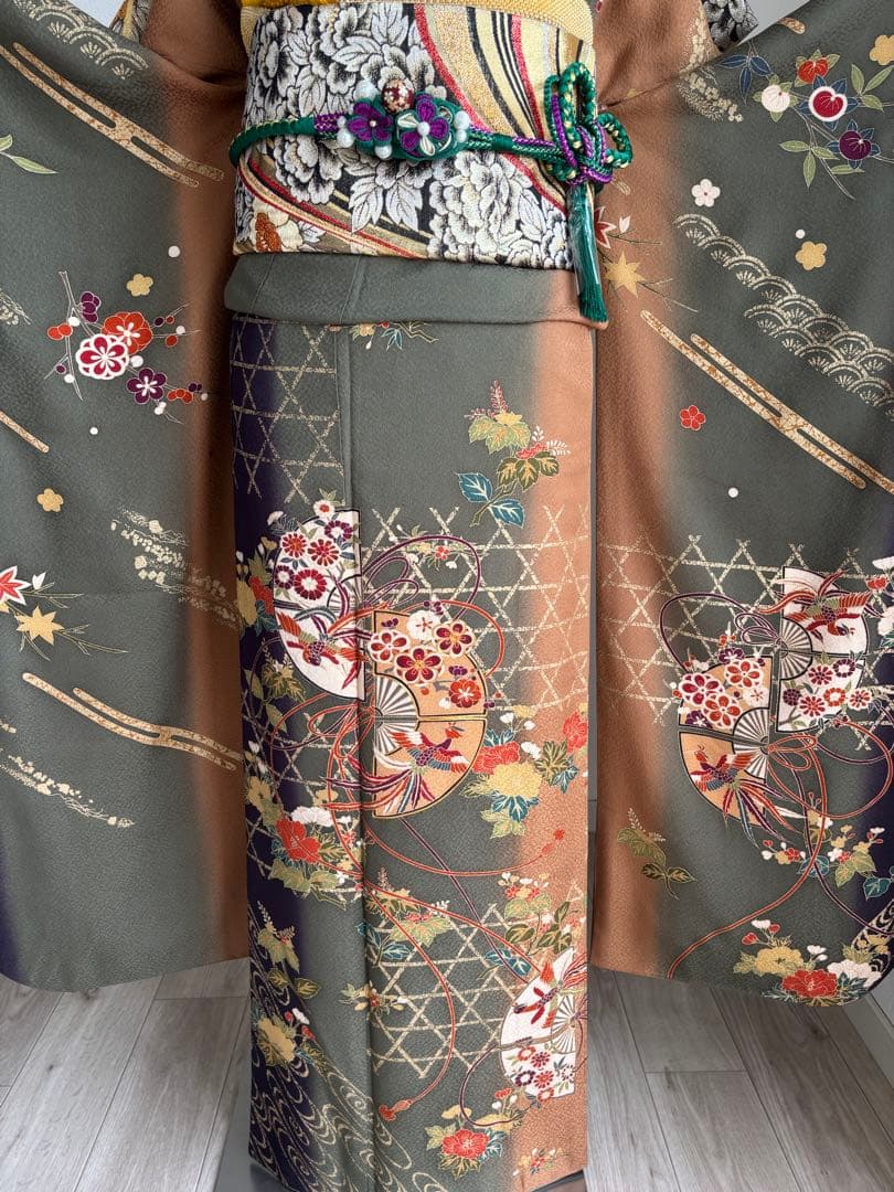 ⭐️振袖フルセット（７点）　正絹振袖　成人式　モスグリーン系