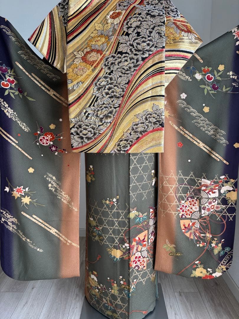 ⭐️振袖フルセット（７点）　正絹振袖　成人式　モスグリーン系