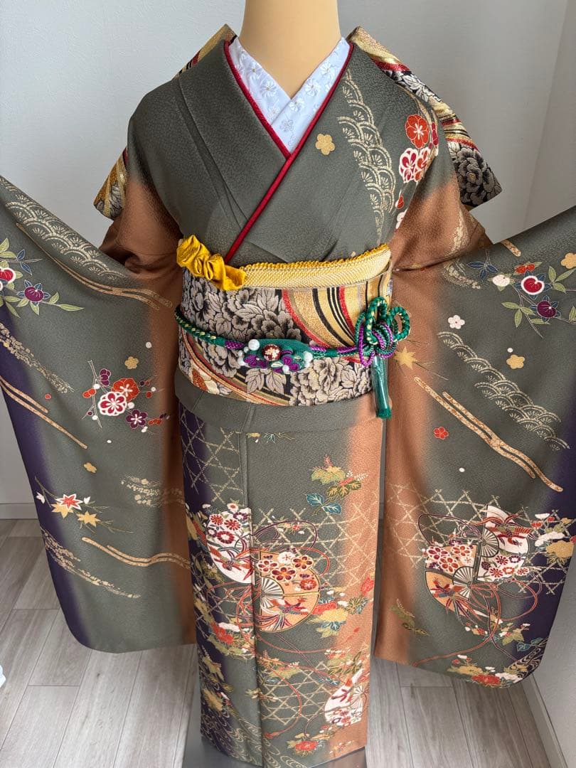 ⭐️振袖フルセット（７点）　正絹振袖　成人式　モスグリーン系
