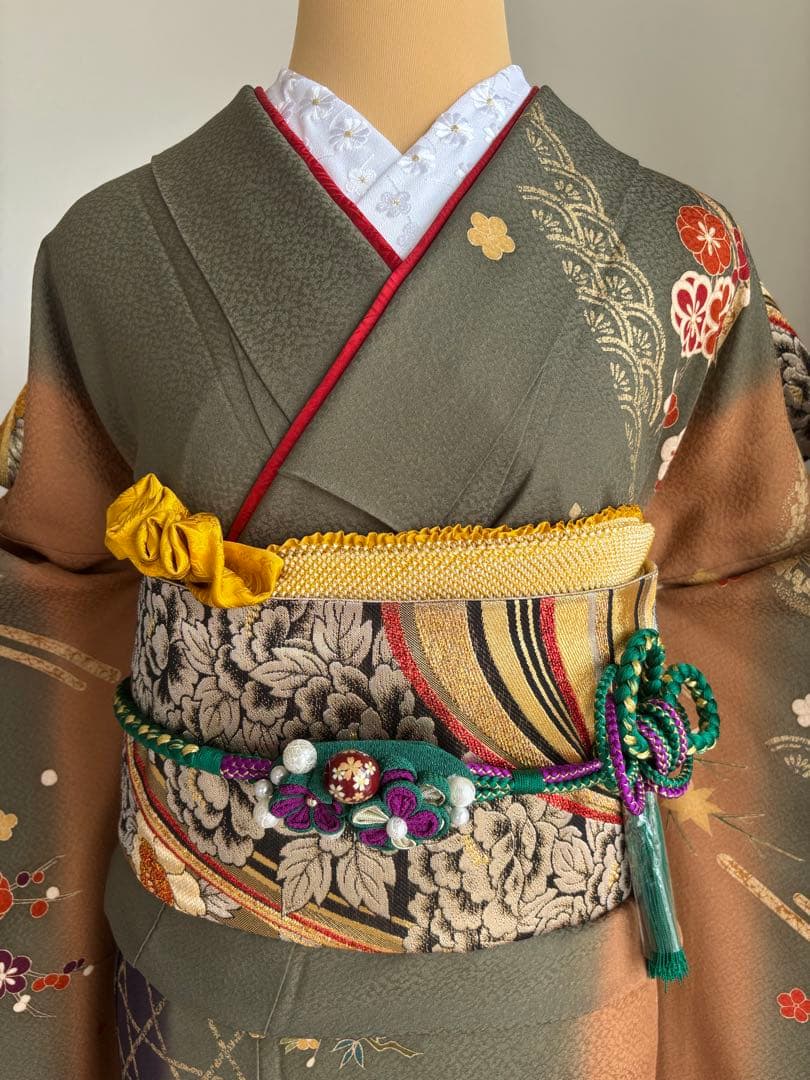 ⭐️振袖フルセット（７点）　正絹振袖　成人式　モスグリーン系