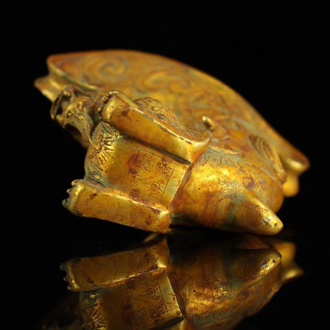 旧蔵、田舎入手、精銅、鎏金爬獣杯