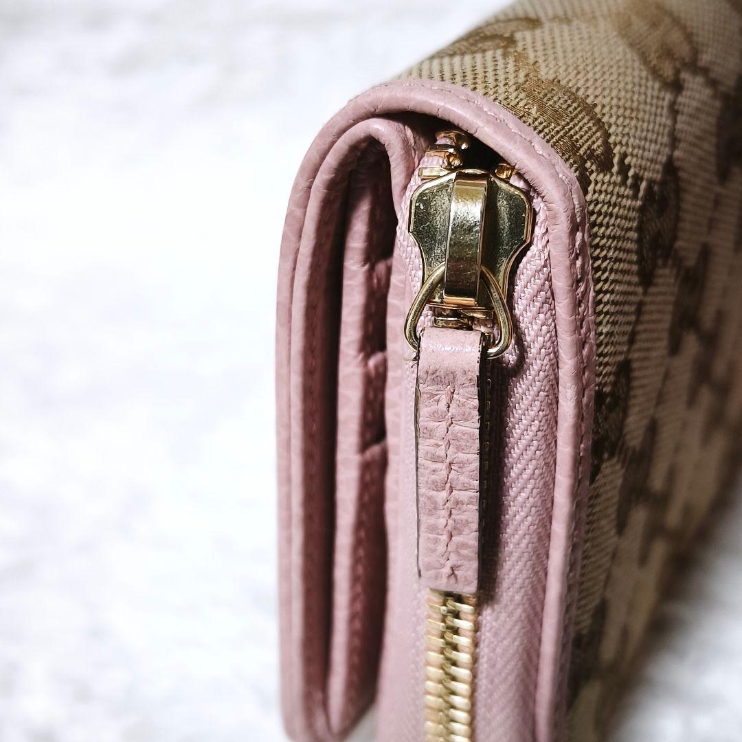 極美品✨ GUCCI GGキャンバス 二つ折り財布 ラウンドジップ ピンク