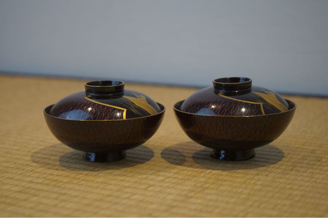 江戸後期 京蒔絵 猟師図蒔絵 波千鳥文 黒漆 吸物椀 2客/ 木製漆器 茶懐石