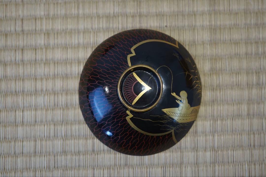 江戸後期 京蒔絵 猟師図蒔絵 波千鳥文 黒漆 吸物椀 2客/ 木製漆器 茶懐石
