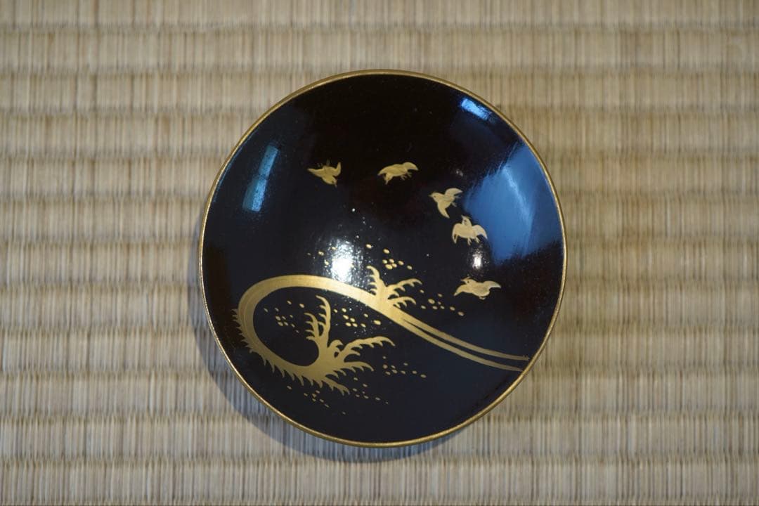 江戸後期 京蒔絵 猟師図蒔絵 波千鳥文 黒漆 吸物椀 2客/ 木製漆器 茶懐石