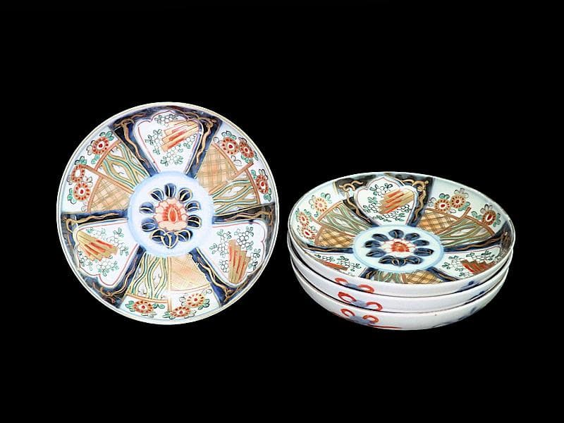 古伊万里　色絵　割絵　花の図　４寸皿　４枚　3164AS-CWu