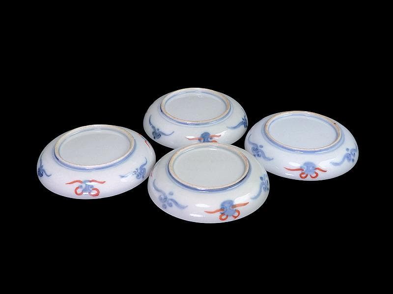 古伊万里　色絵　割絵　花の図　４寸皿　４枚　3164AS-CWu