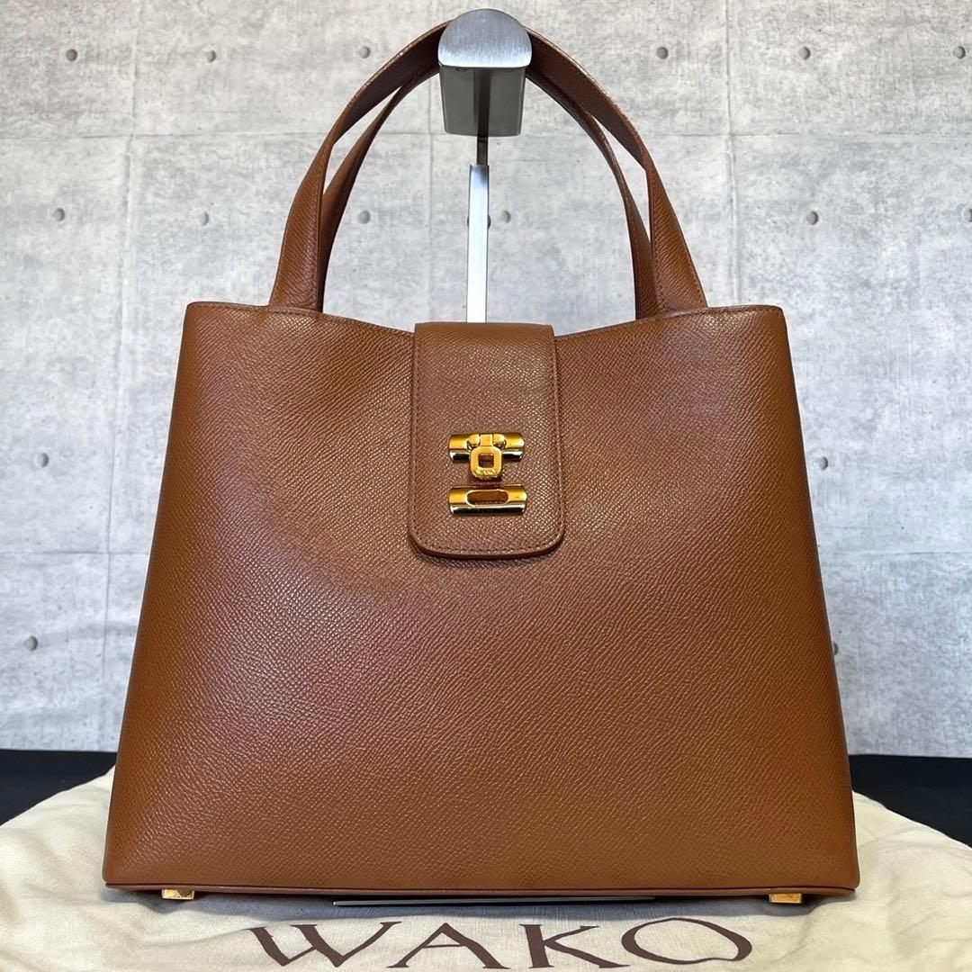 未使用級 WAKO 銀座和光 レザー キャメルブラウン ゴールド金具ハンドバッグ