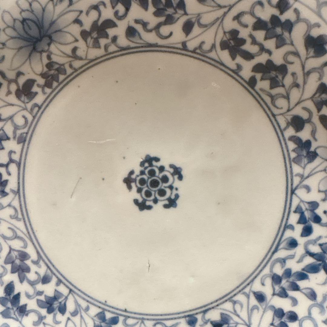骨董品 アンティーク 渦福銘 花唐草 有田焼 皿 丸皿 染付け 中皿 江戸中期