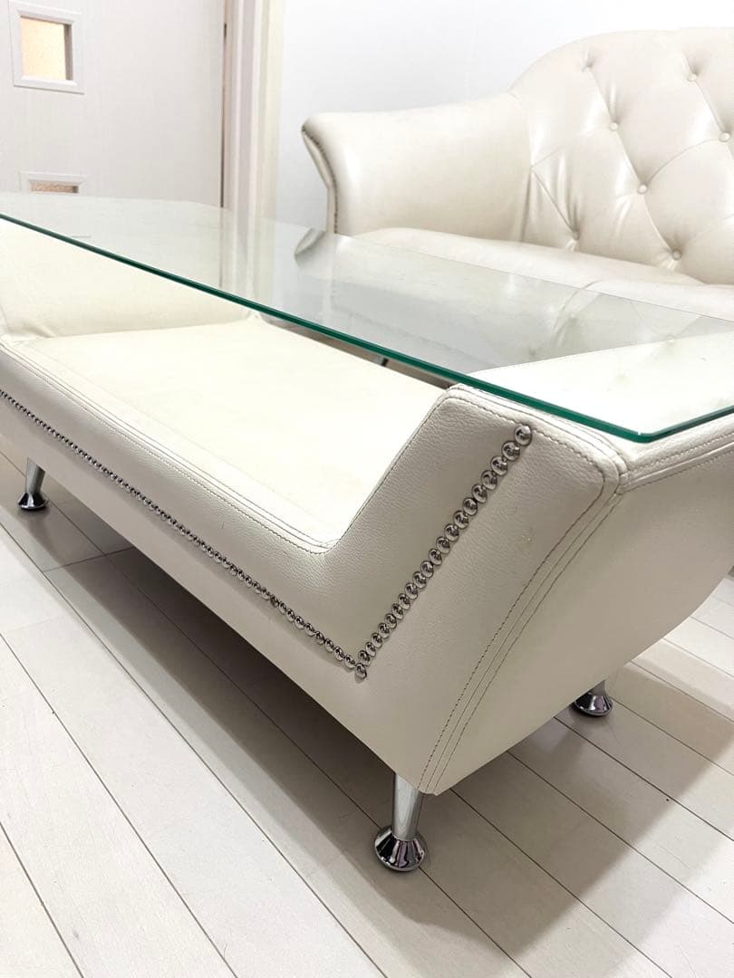 ホワイトレザー ガラス天板