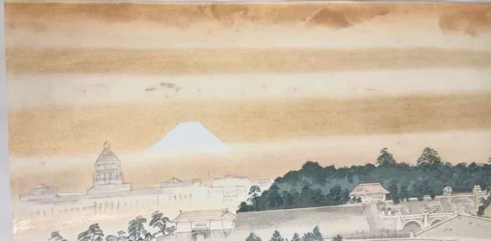 定石塊石版画、宮城と富士 昭和6年出版