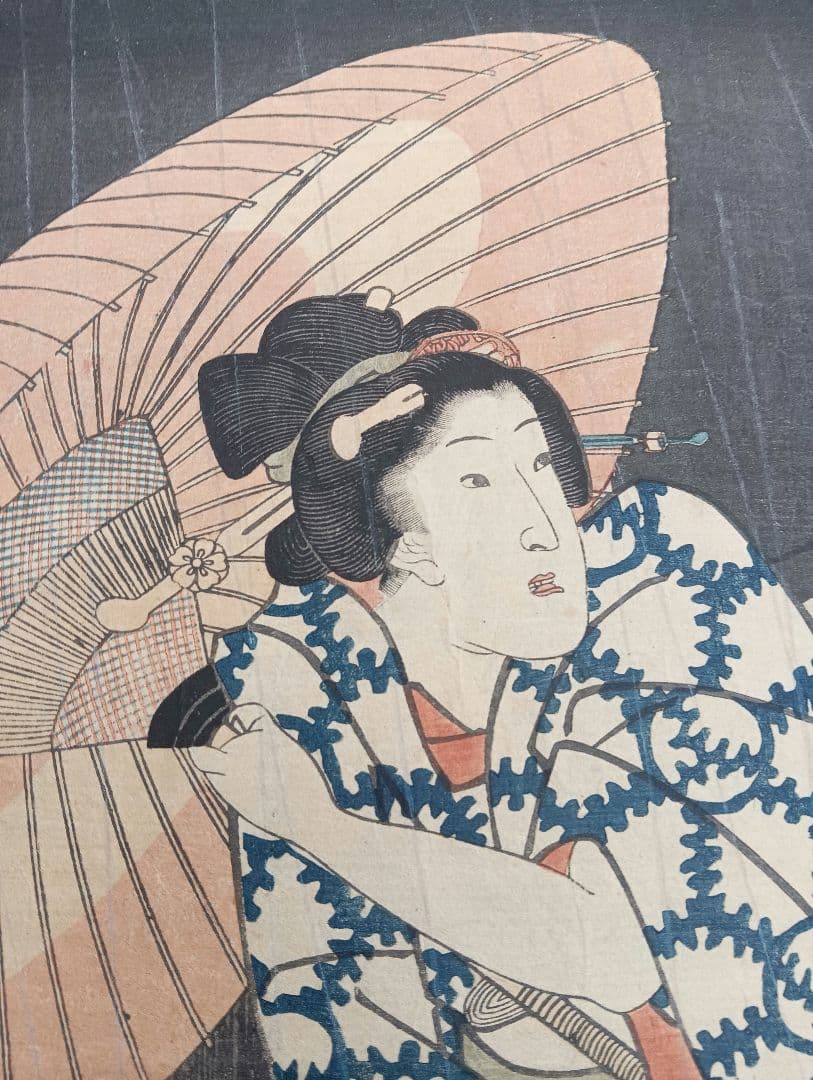 豊国　 木版画 女性と富士山　江戸　　浮世絵　　着物　美人