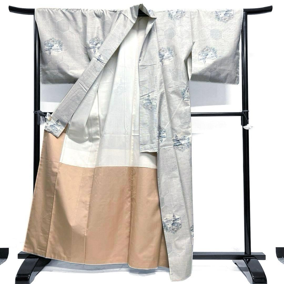 小紋　都喜ヱ門　本場大島紬　手織り　白大島紬　亀甲　街並み　着物　044a p