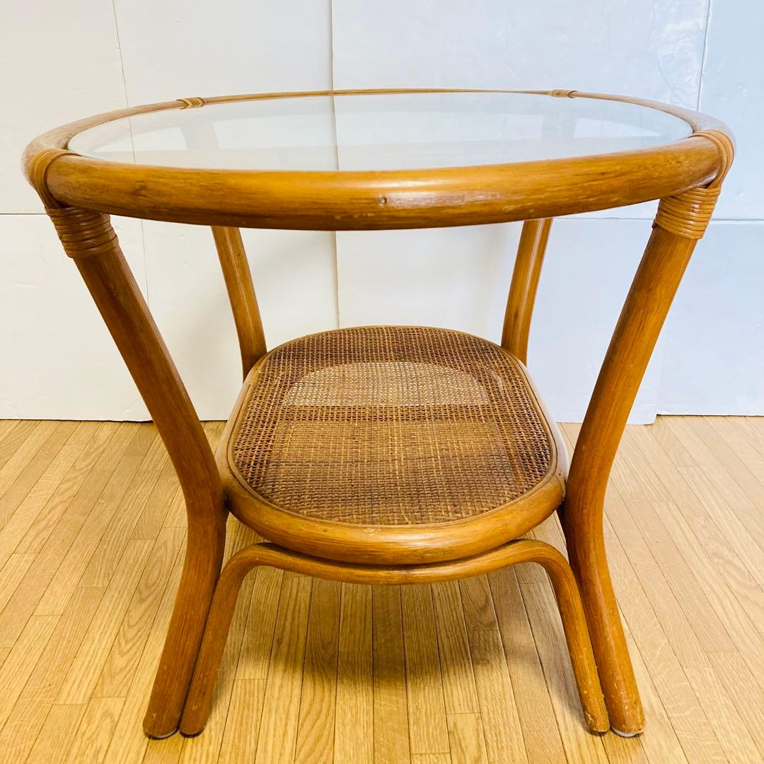 ヴィンテージ　ラタン　ガラス　天然素材　ローテーブル　ガラステーブル