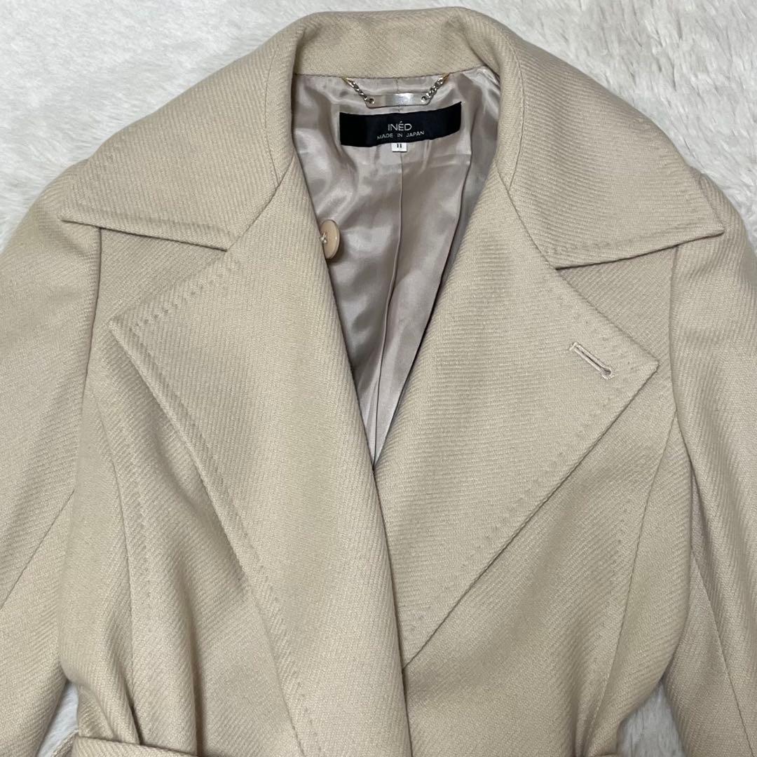 美品　イネド　カシミヤ混　ロング　チェスター コート ベルト　女優襟　L 11