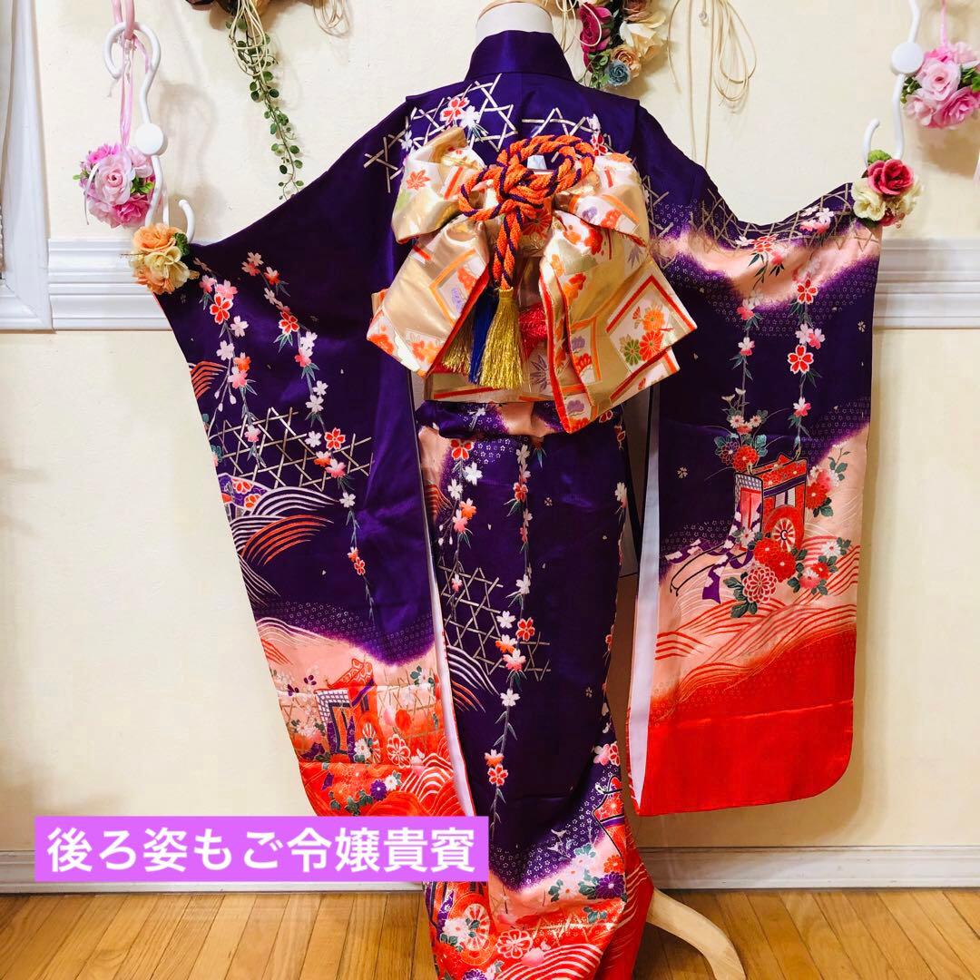 七五三七歳‼正絹豪華紫に裾赤地煌びやか❤️御所車金彩ラメ箔❤️完全フルセット