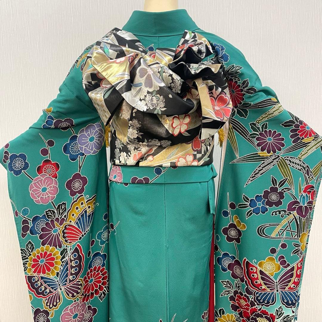 梅乃【159】正絹　振袖　セット　前撮り　成人式　撮影　紅型　青緑　大人　古典