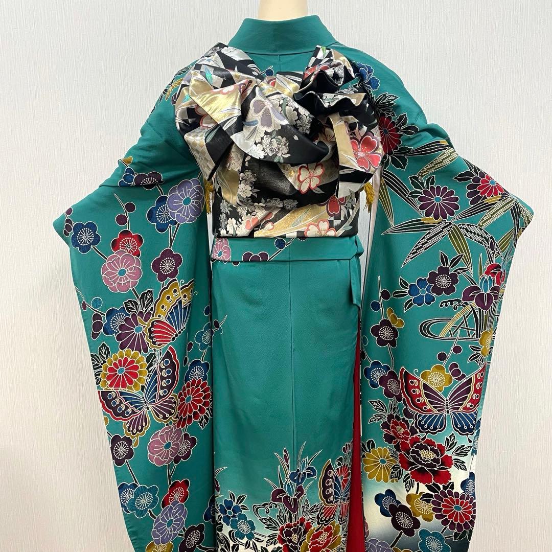 梅乃【159】正絹　振袖　セット　前撮り　成人式　撮影　紅型　青緑　大人　古典