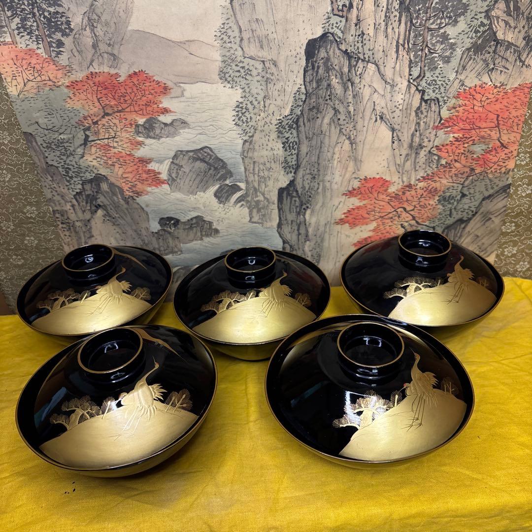 木製漆器椀　金色鶴　金蒔絵　内絵　魚　5客　時代箱　明治時代