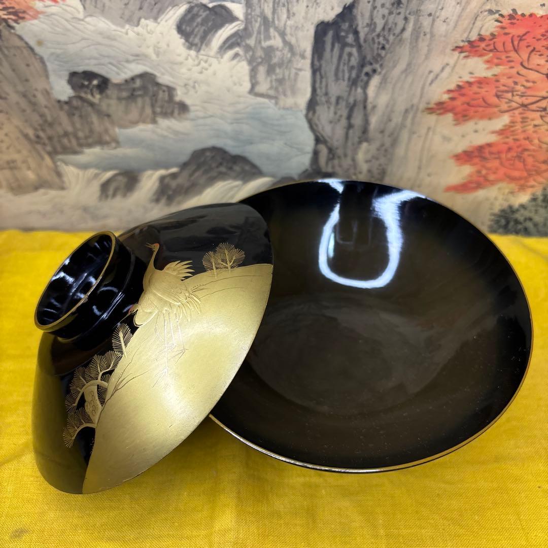 木製漆器椀　金色鶴　金蒔絵　内絵　魚　5客　時代箱　明治時代