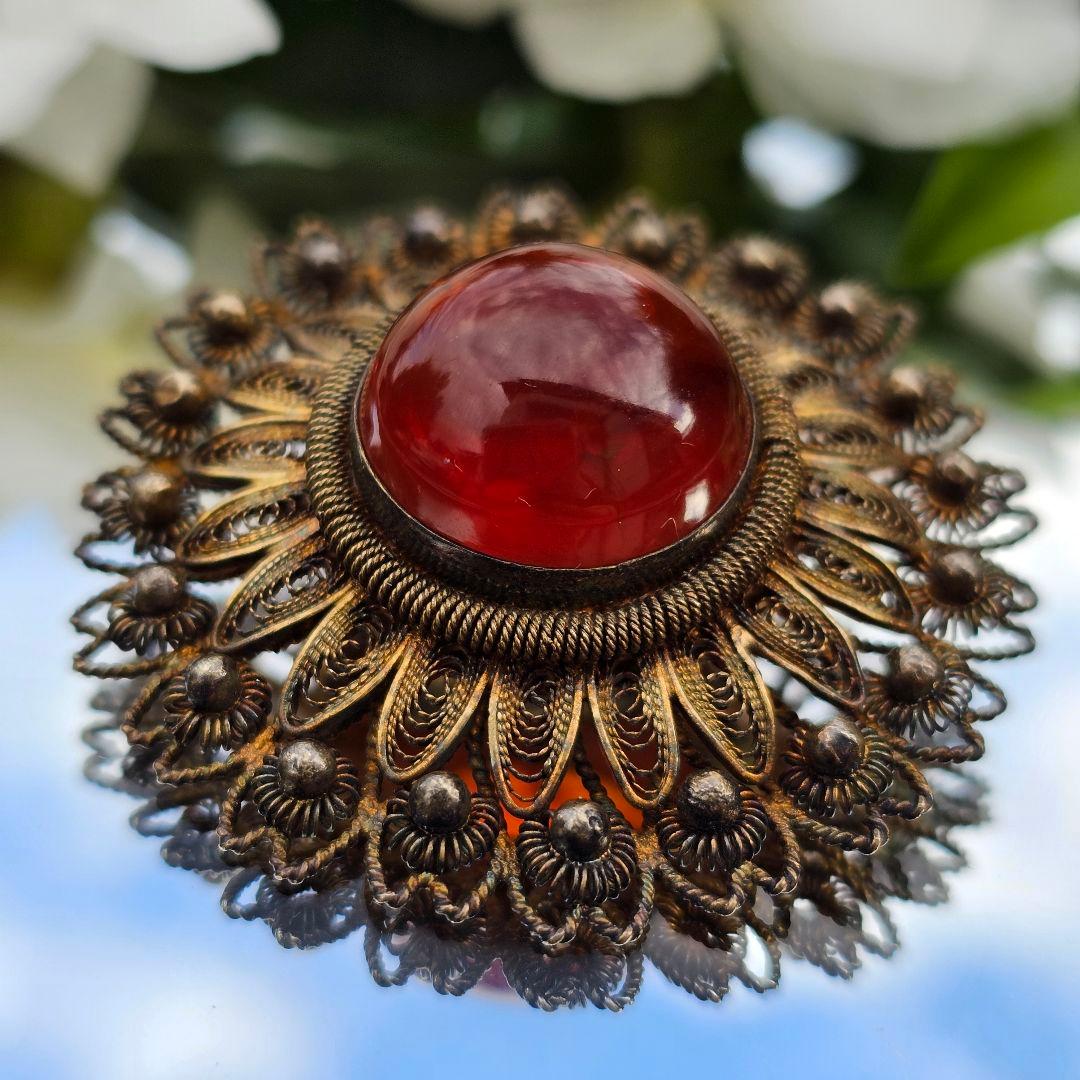 【255】 琥珀　アンバー　銀線細工　ヴィンテージブローチ