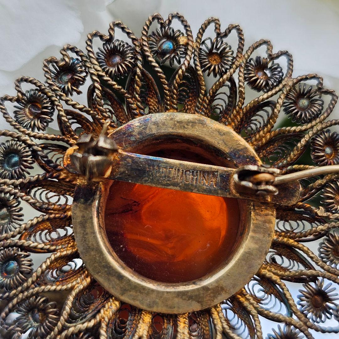 【255】 琥珀　アンバー　銀線細工　ヴィンテージブローチ