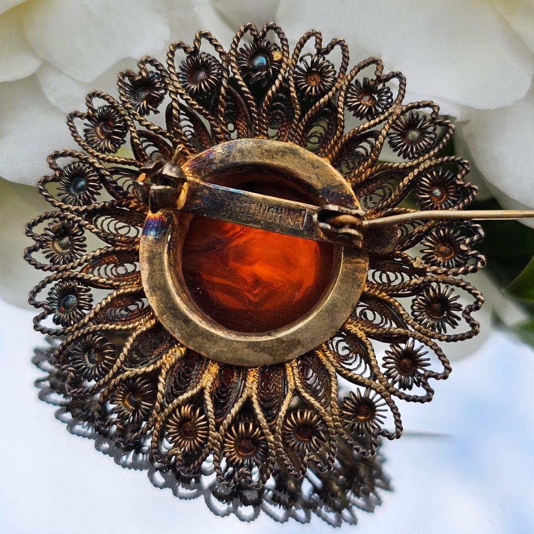 【255】 琥珀　アンバー　銀線細工　ヴィンテージブローチ