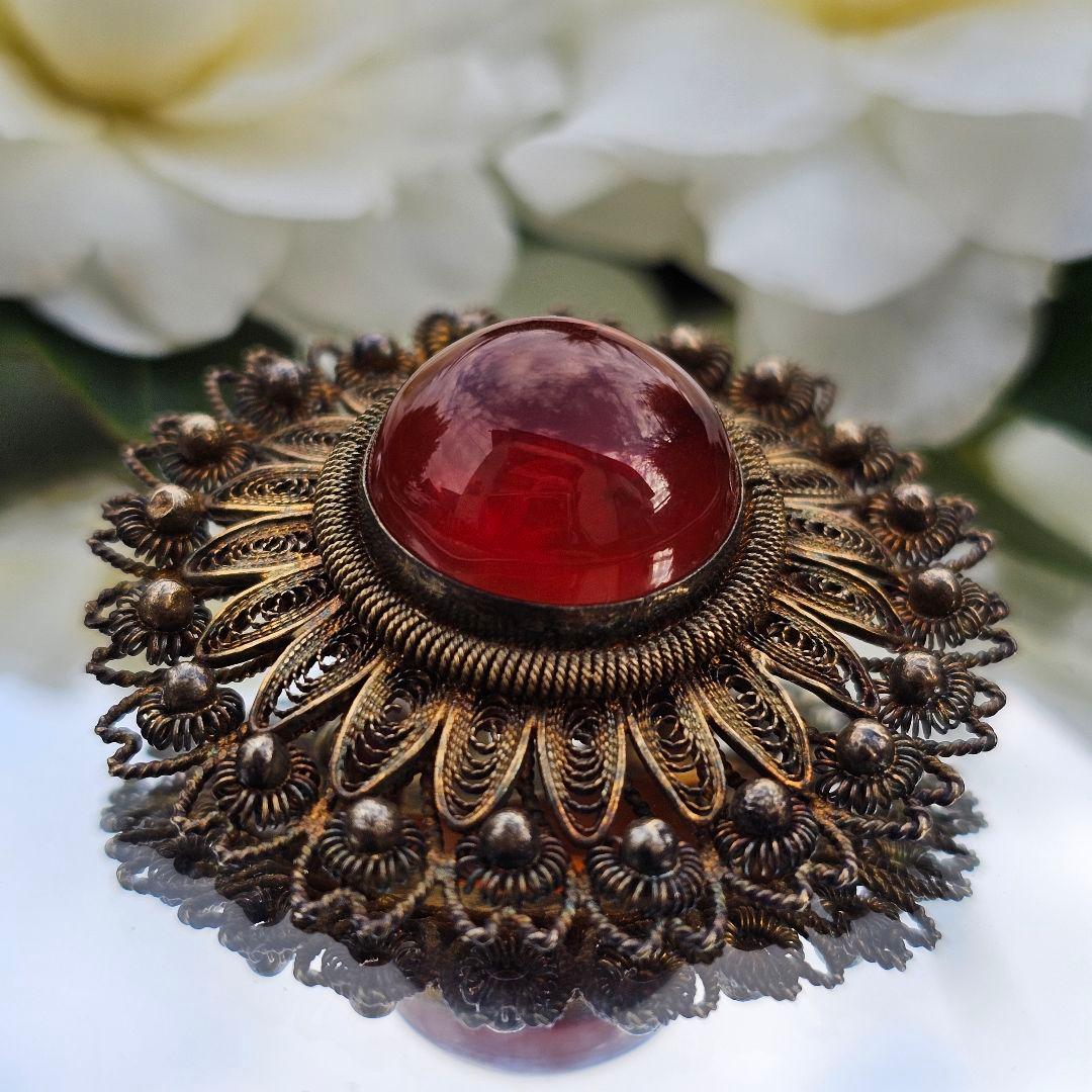 【255】 琥珀　アンバー　銀線細工　ヴィンテージブローチ