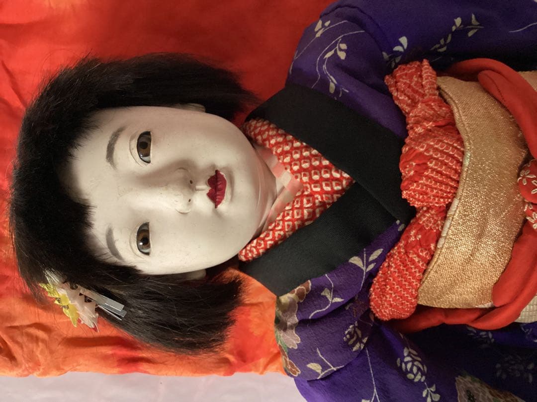 市松人形 ビスクドール昭和レトロ　吹子付き　座布団付　ガラス眼　人毛　抱き人形