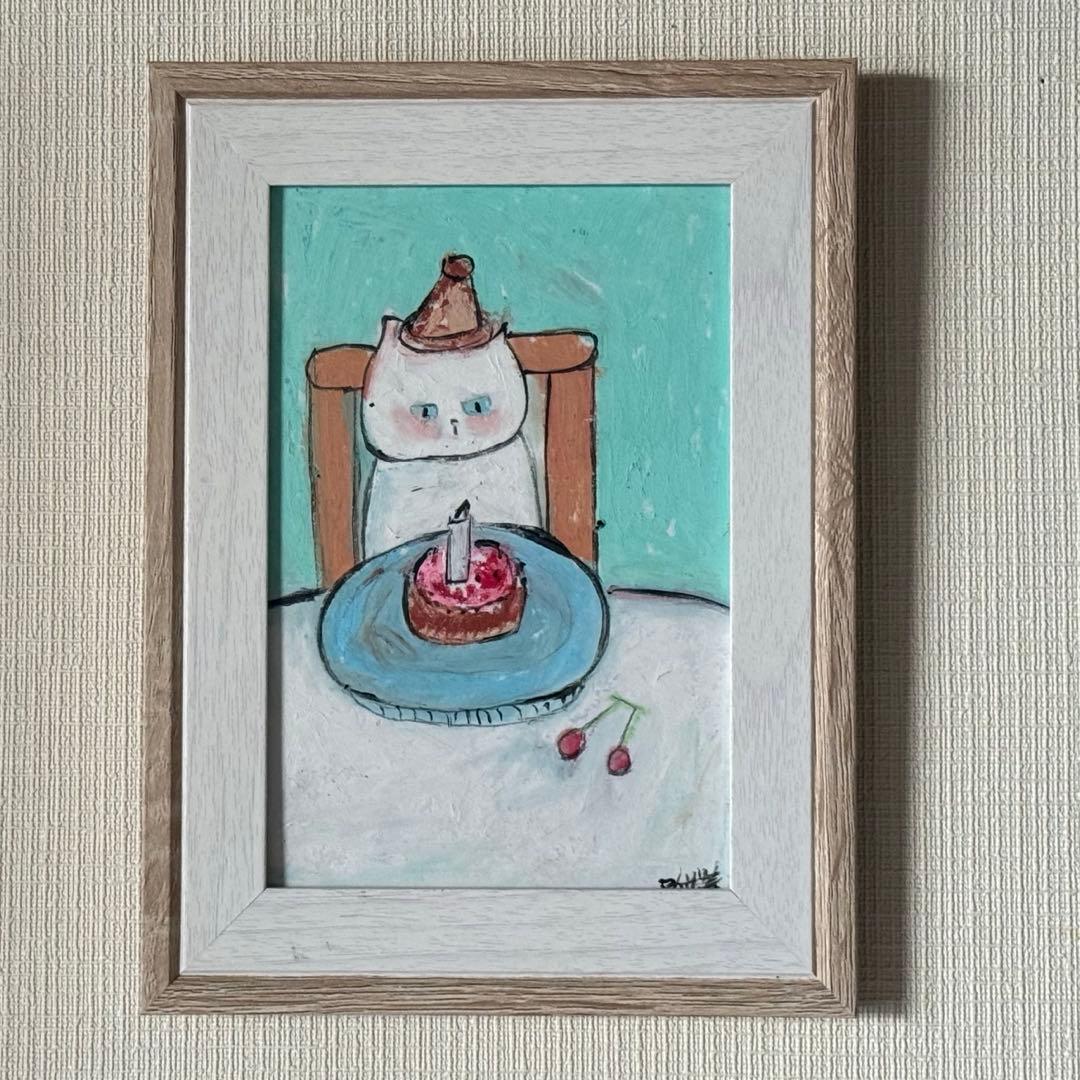 絵画。原画【かわいい白猫の誕生日】