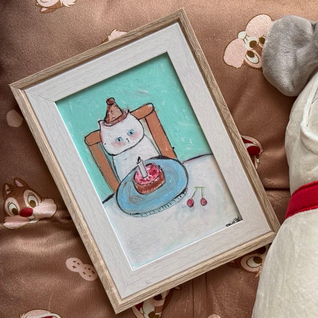 絵画。原画【かわいい白猫の誕生日】