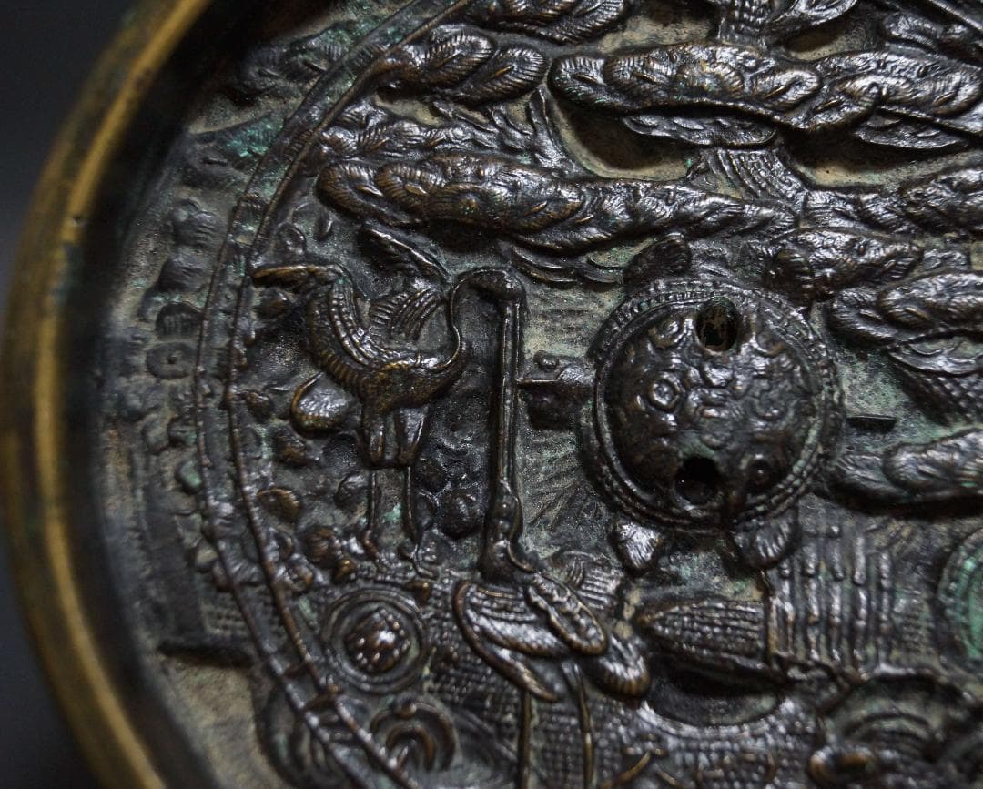 江戸時代 金工細工『鶴亀松文』天下一 古銅鏡 和鏡 古鏡☆時代物☆