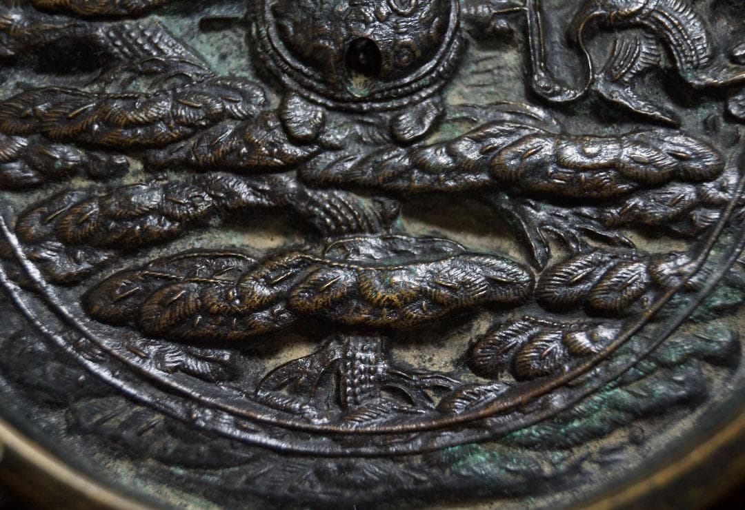 江戸時代 金工細工『鶴亀松文』天下一 古銅鏡 和鏡 古鏡☆時代物☆