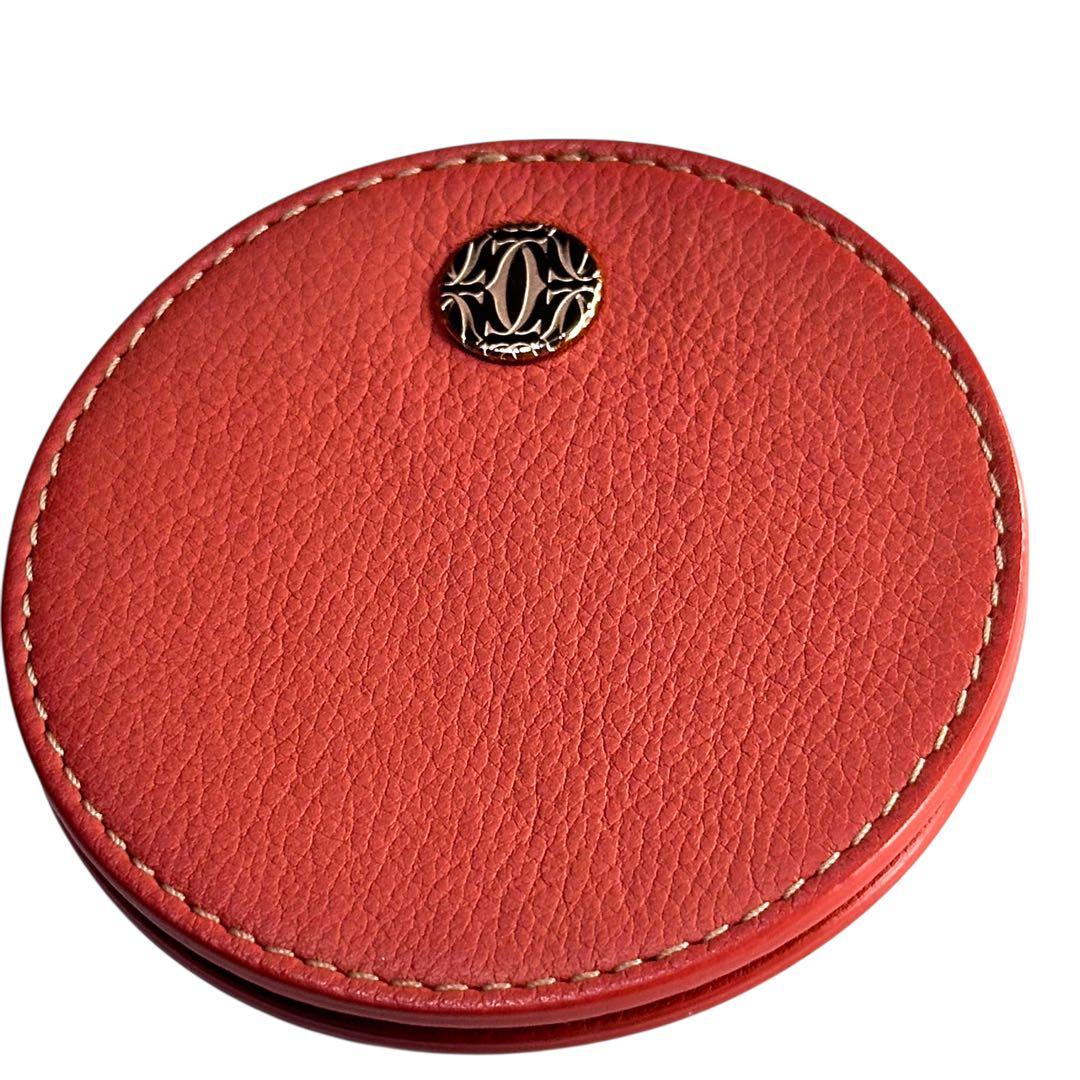 Cartier レザー 円形ミラー オレンジ