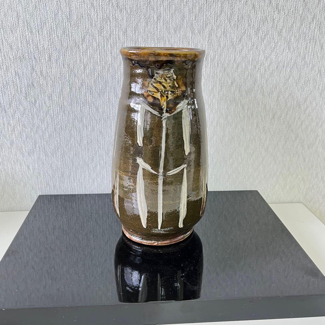 益子焼　名工　佐久間藤太郎　柿地草花絵　花瓶　花器　草花紋　益子民窯　　浜田庄司