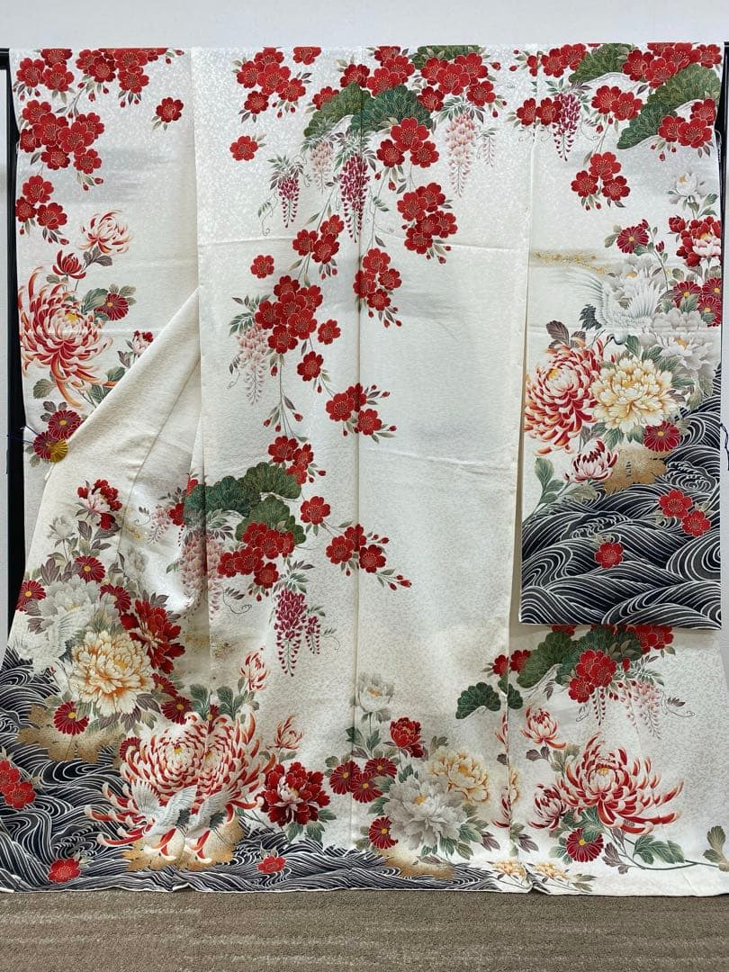 振袖 仮絵羽 舞台衣装 金彩 銀通し 牡丹 鶴 正絹 未仕立て品 八掛付き