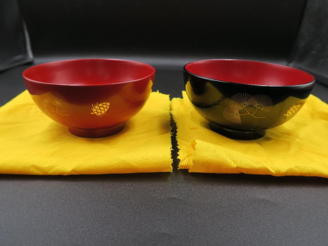 【輪島塗】夫婦椀 松沈金 大向高洲堂 福久勝利作 朱・黒塗 天然木 二客揃 共箱