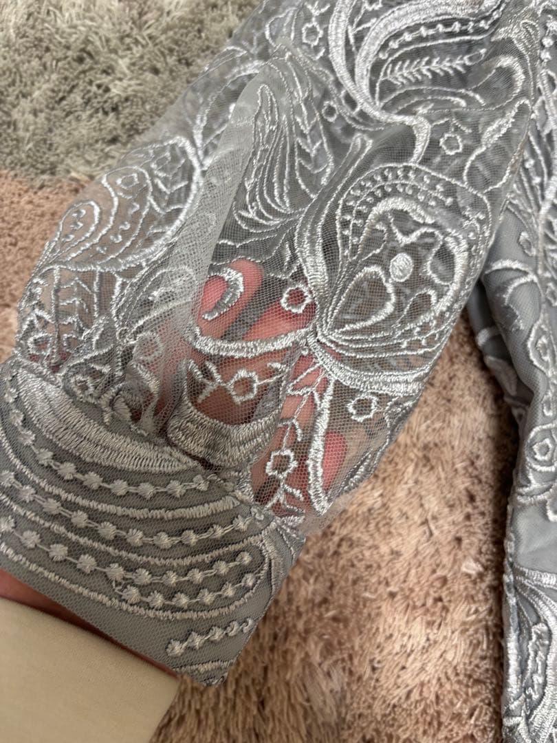 PREFERIR 刺繍レース バックリボンパーティードレス結婚式M グレー